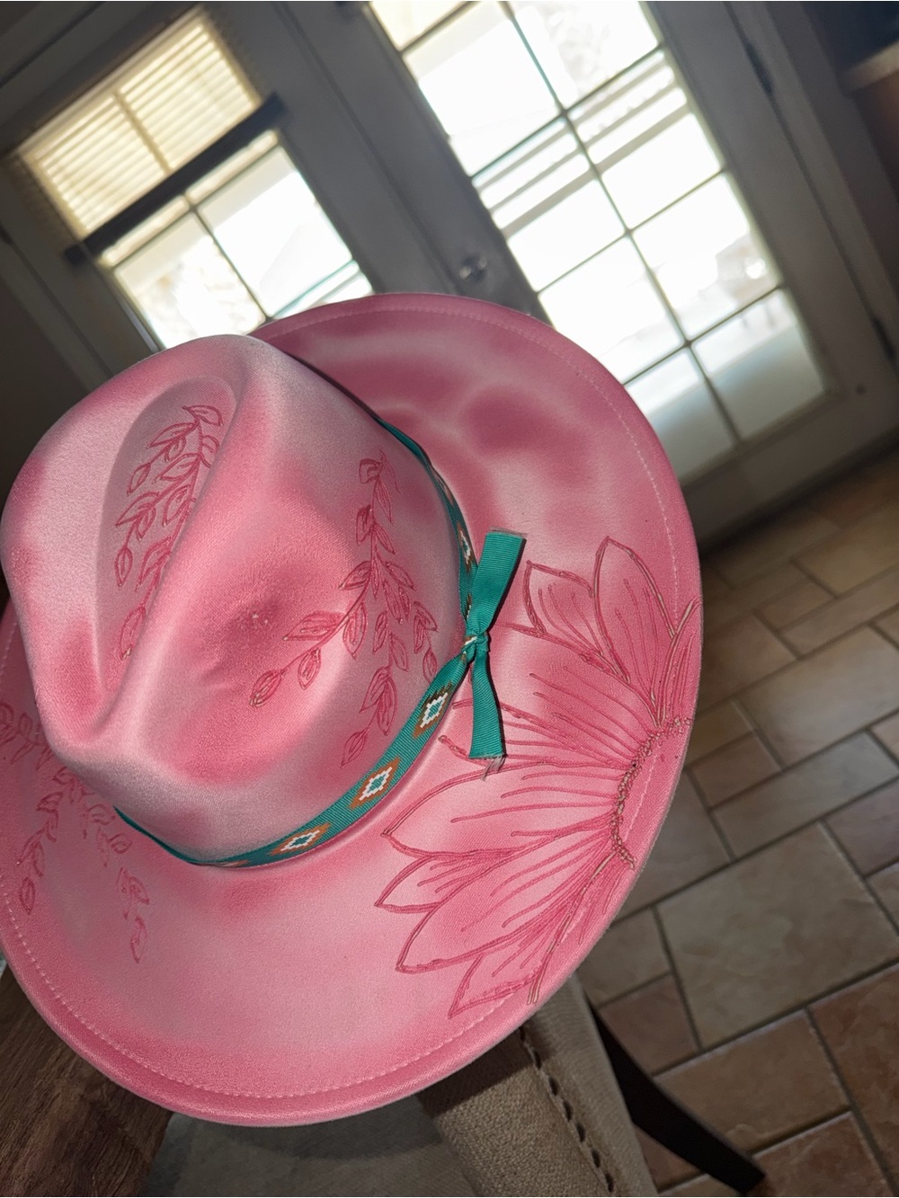 Pink Floral Embroidered Western fedora Hat with Teal Band